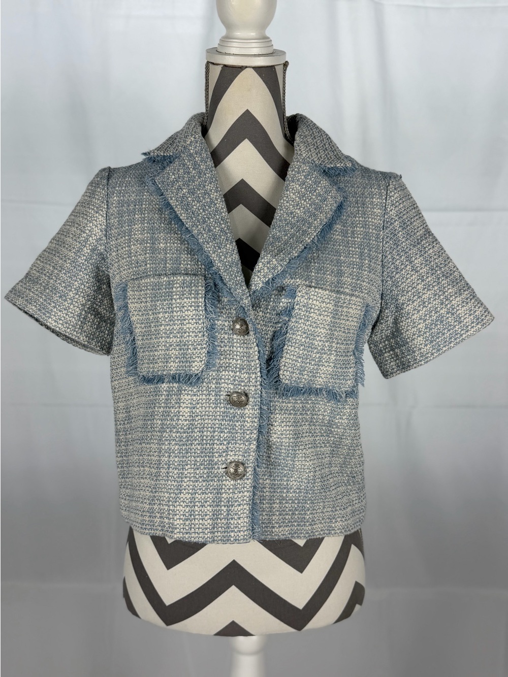 Joie Light Blue Tweed Short Sleeve Cropped Jacket Fringe Trim Crest Buttons XS